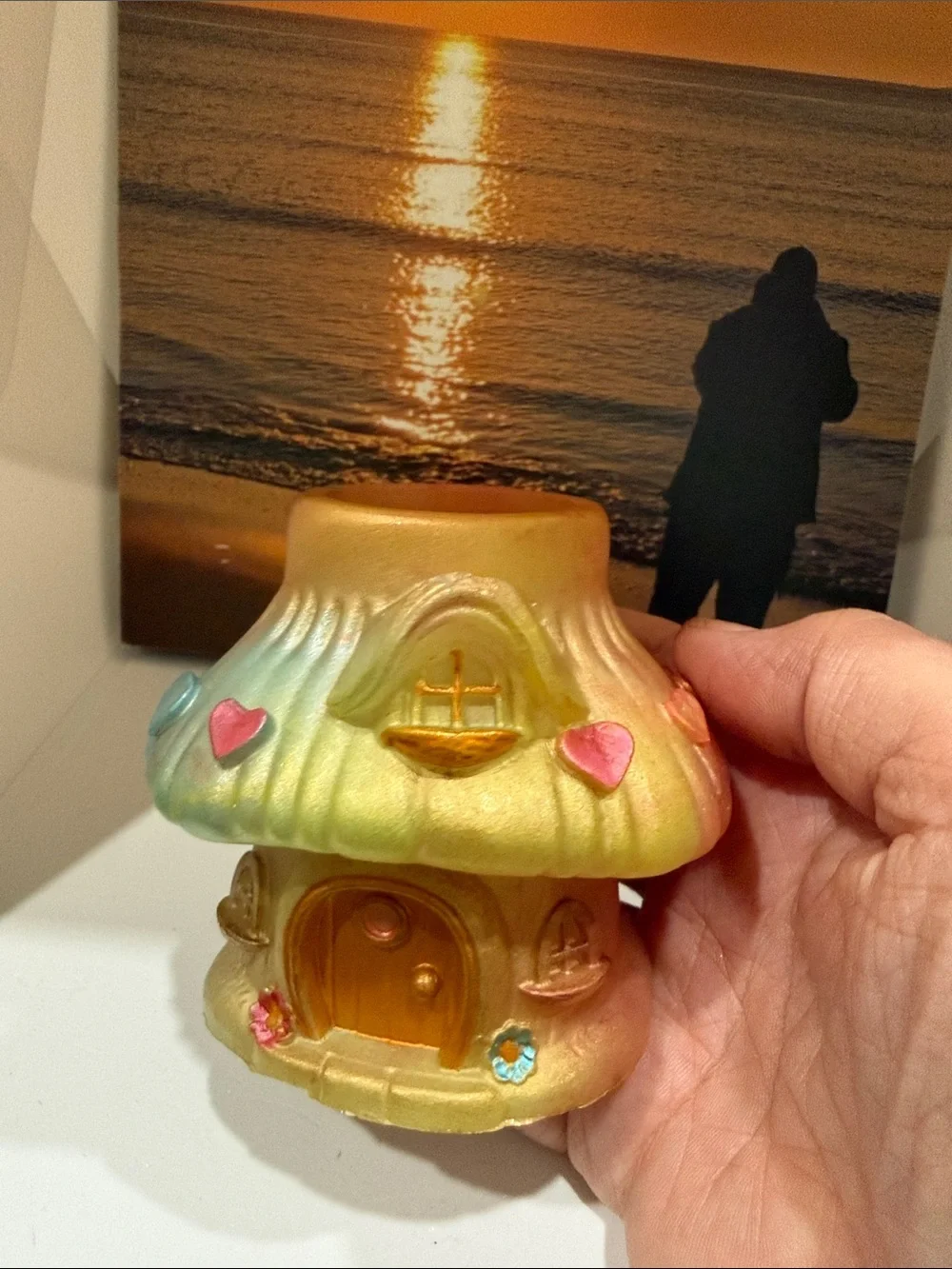 Pastel Resin Gold Mushroom House Vase with Rainbow Accents